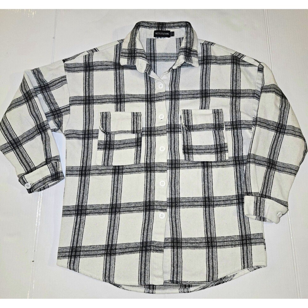 PrettyLittleThing Women's White/Black Plaid Button-Up Collared Long Sleeve 2